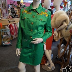 Vtg 80's Christian llinares Green Denim Poseidon Jacket and Skirt Set  NWT